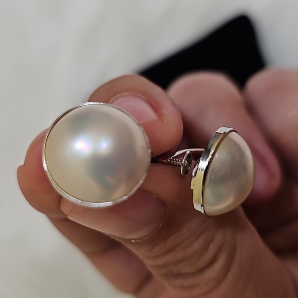 Vintage 14K White Gold MABE PEARL NON-PIERCED EARRINGS - Picture 14 of 17